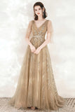 solvbao A-Line Tulle Beading Long Prom Dresses, V-Neck Evening Dresses