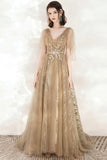 solvbao A-Line Tulle Beading Long Prom Dresses, V-Neck Evening Dresses