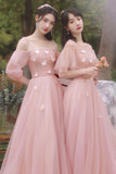 solvbao Pink Tulle Long Prom Dresses, Pink A-Line Tulle Party Dresses