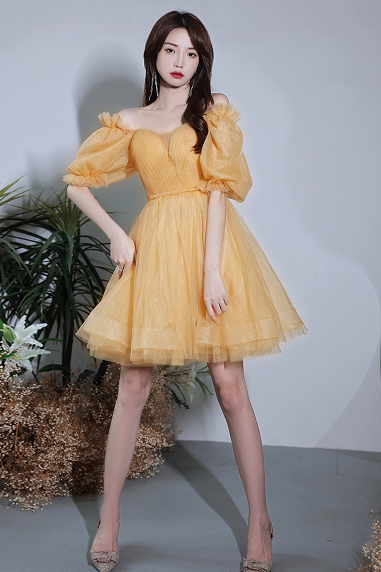 solvbao Yellow Tulle Short A-Line Prom Dress, Yellow Party Dress