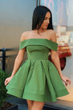 solvbao Green Satin Off the Shoulder Short Prom Dress, A-Line Mini Party Dress