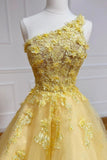 solvbao Yellow Lace One Shoulder Evening Dress, A-Line Tulle Long Prom Dress