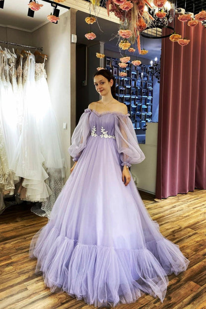 solvbao Purple Lace Long Prom Dresses, A-Line Evening Dresses