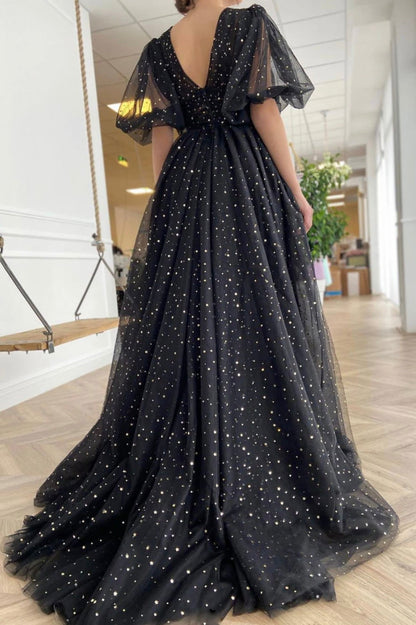 solvbao Black Tulle Long A-Line Prom Dresses, V-Neck Short Sleeve Evening Dresses