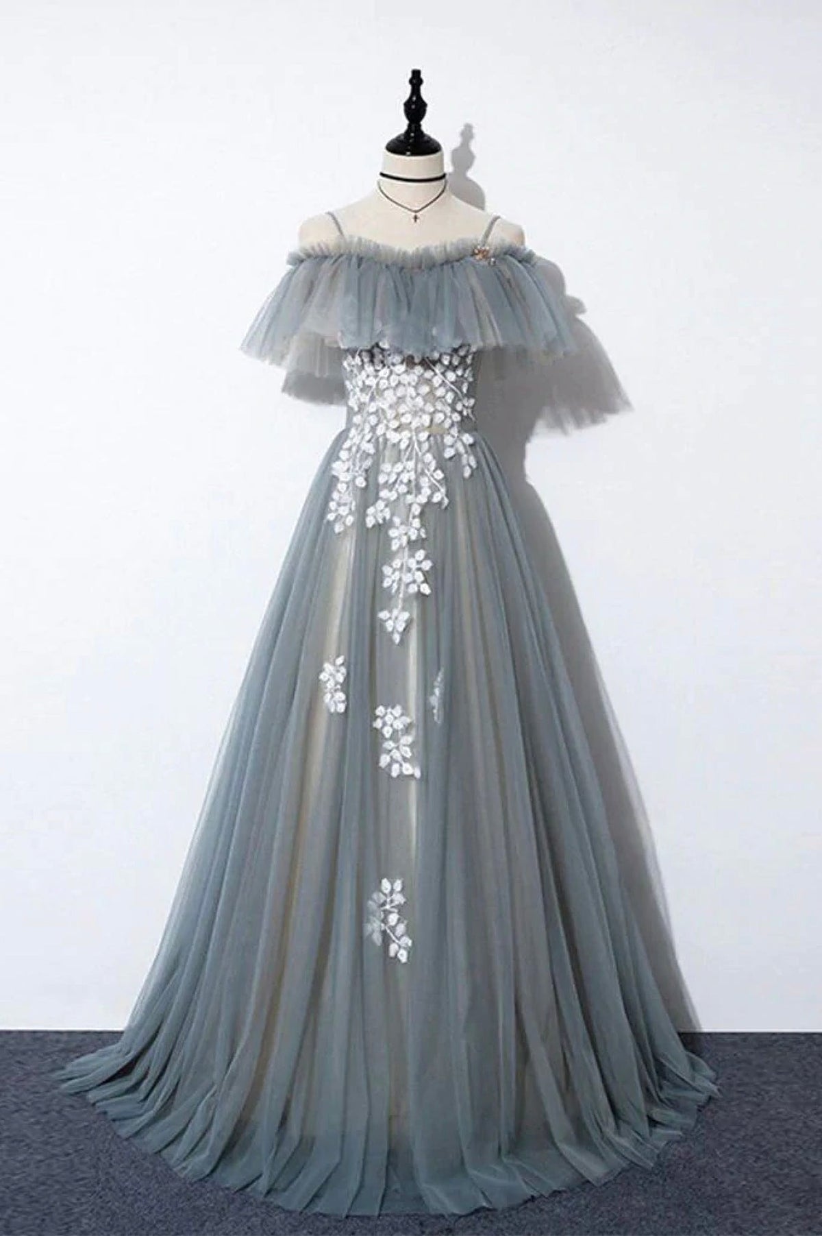 solvbao Gray Tulle Lace Long Prom Dress, A-Line Evening Dress