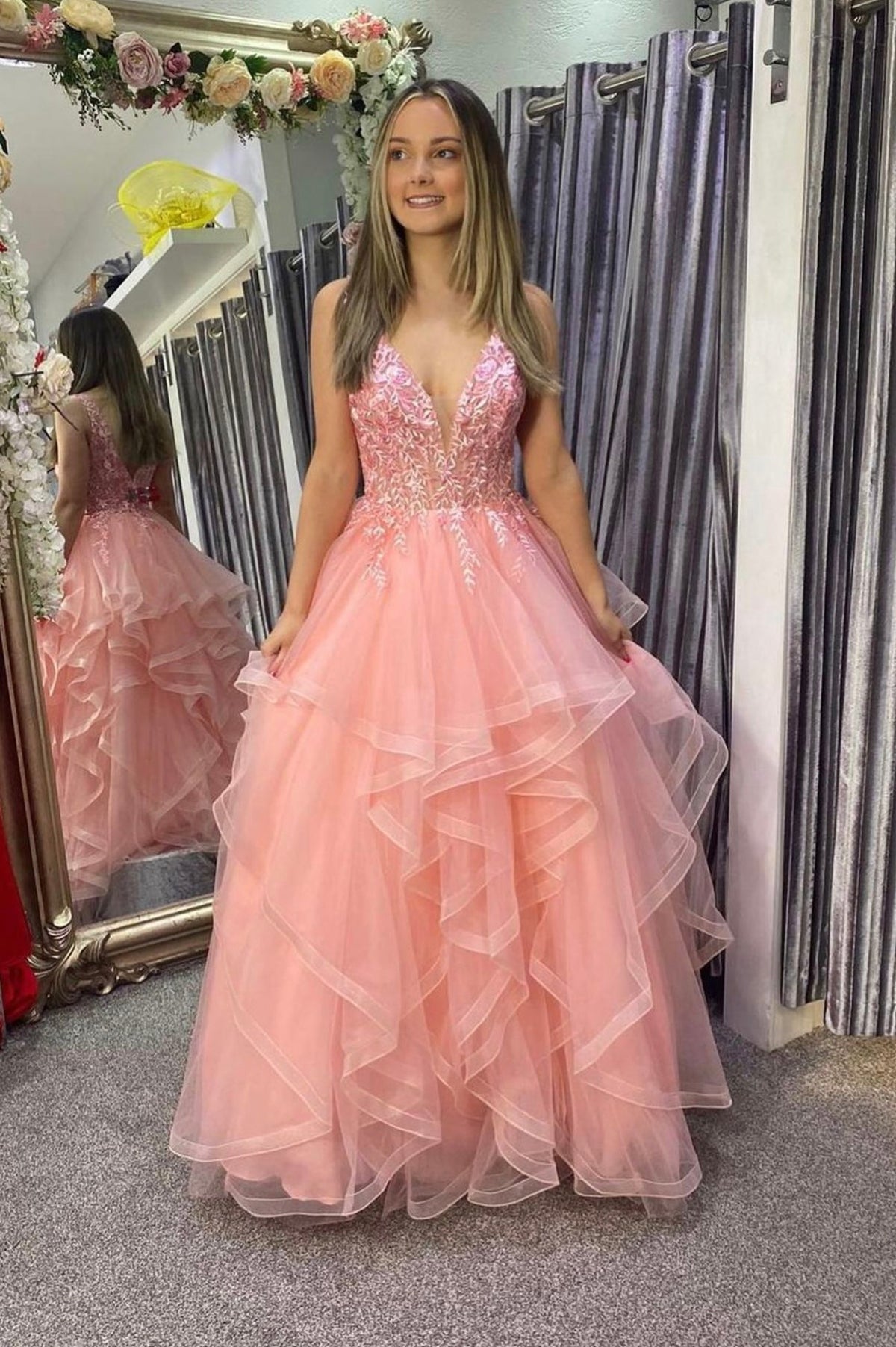 solvbao Pink V-Neck Lace Long Prom Dresses, A-Line Pink Evening Dresses