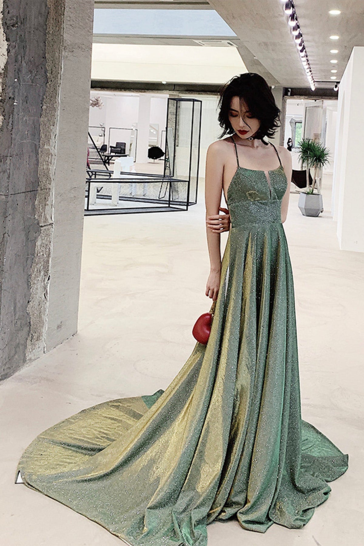 solvbao Green A-Line Backless Long Prom Dresses, Evening Dresses