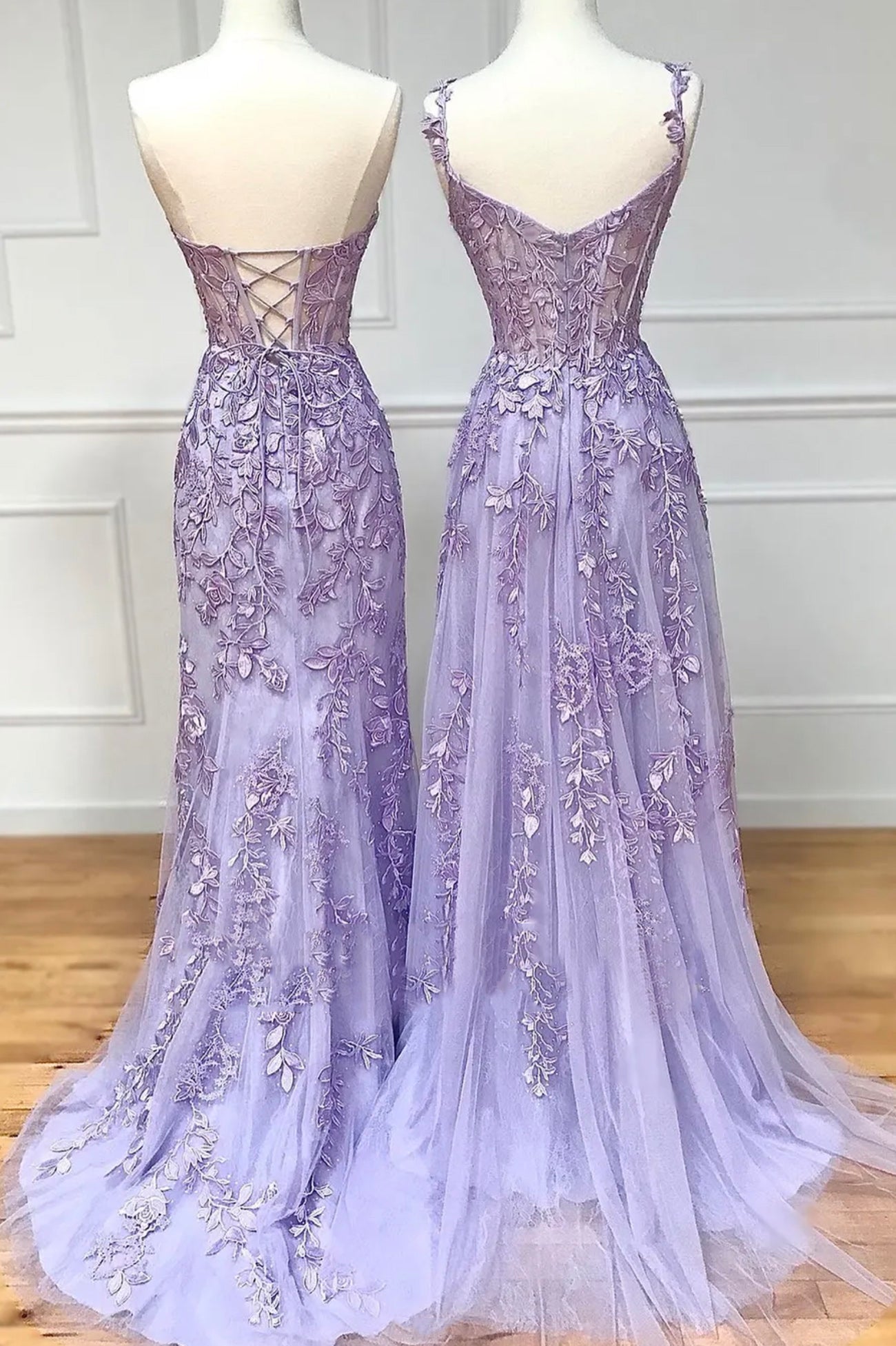 solvbao Purple Tulle Lace Long Prom Dresses, Purple Evening Party Dresses