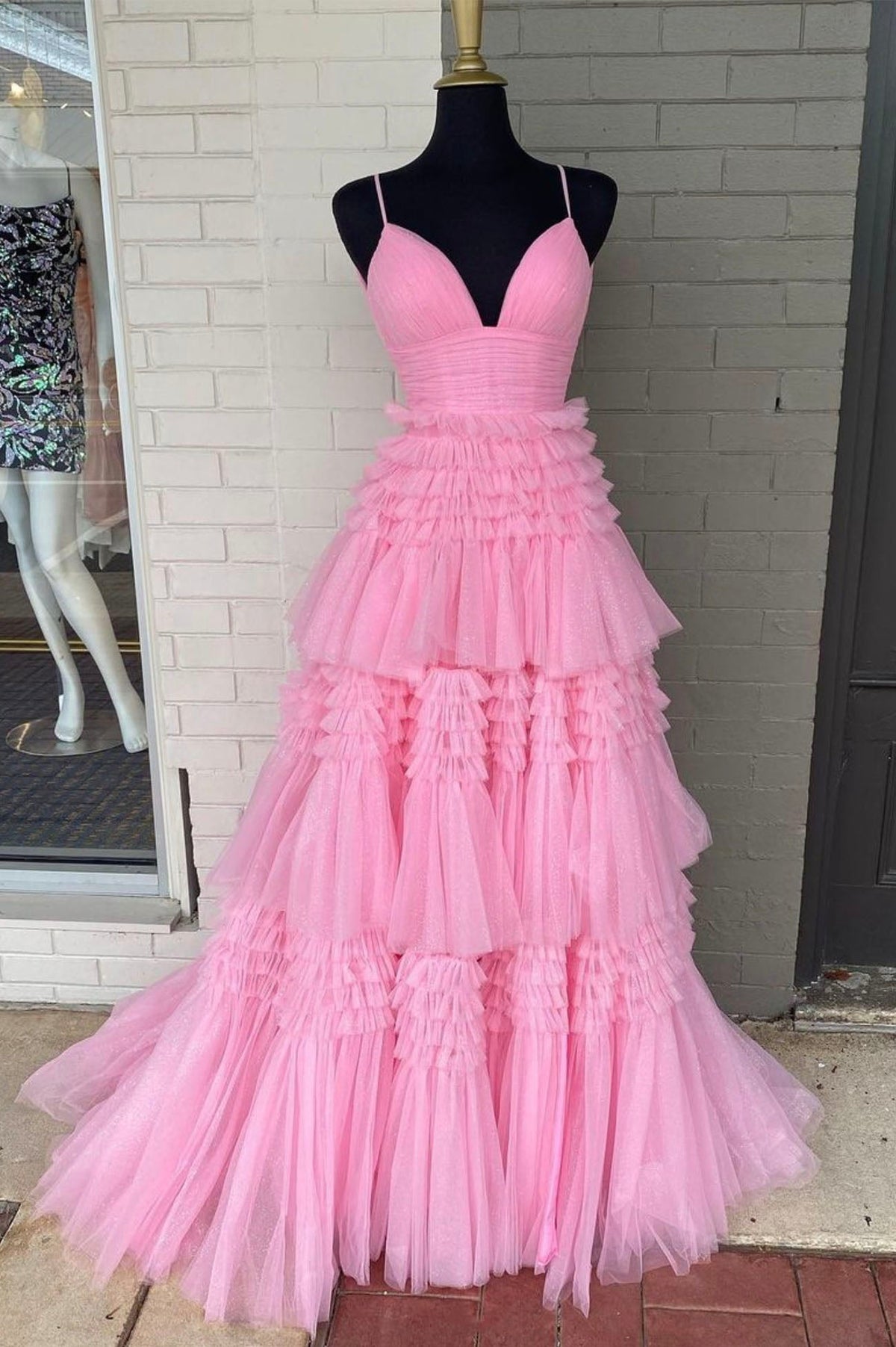 solvbao Pink V-Neck Layers Tulle Long Ball Gown, A-Line Spaghetti Strap Evening Dress