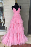 solvbao Pink V-Neck Layers Tulle Long Ball Gown, A-Line Spaghetti Strap Evening Dress