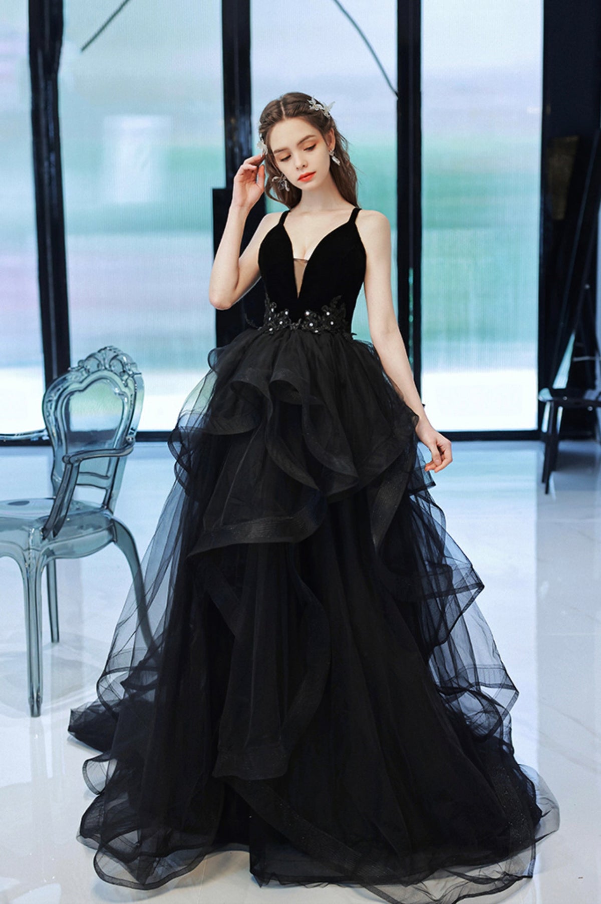 solvbao Black Tulle Lace Long Prom Dress, A-Line Evening Dress