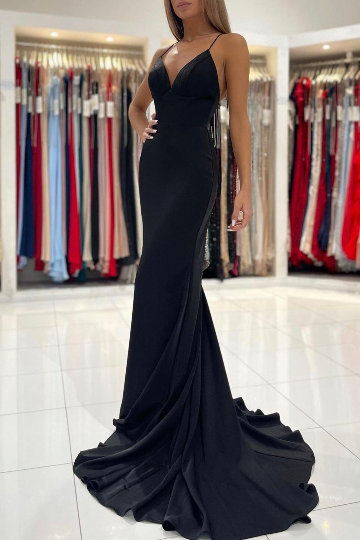 solvbao Black V-Neck Long Mermaid Prom Dress, Black Backless Evening Dress