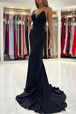 solvbao Black V-Neck Long Mermaid Prom Dress, Black Backless Evening Dress