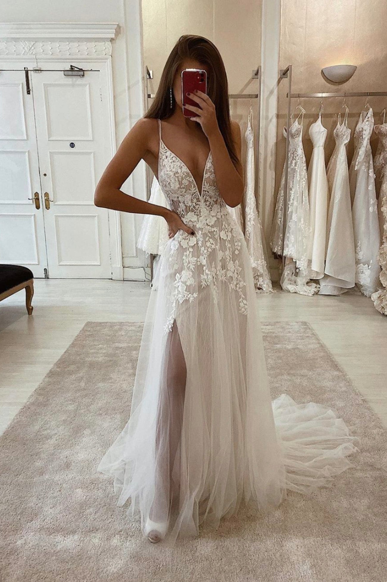 solvbao White V-Neck Lace Long Prom Dresses, A-Line Evening Dresses