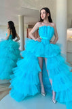 solvbao Blue Tulle High Low Prom Dress, A-Line Strapless Party Dress