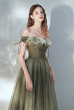 solvbao Green Tulle Long Prom Dress, A-Line Off the Shoulder Evening Dress