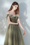 solvbao Green Tulle Long Prom Dress, A-Line Off the Shoulder Evening Dress