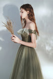 solvbao Green Tulle Long Prom Dress, A-Line Off the Shoulder Evening Dress