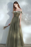 solvbao Green Tulle Long Prom Dress, A-Line Off the Shoulder Evening Dress