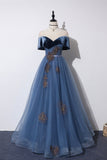 solvbao Blue Velvet Tulle Long Prom Dresses, Off the Shoulder Evening Dresses