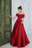 solvbao Red Satin A-Line Floor Length Prom Dress, Red  Off Shoulder Evening Dress