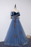 solvbao Blue Velvet Tulle Long Prom Dresses, Off the Shoulder Evening Dresses