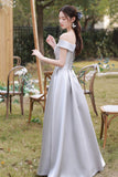 solvbao Gray Saitn Lace Long Prom Dress, A-Line Evening Dress