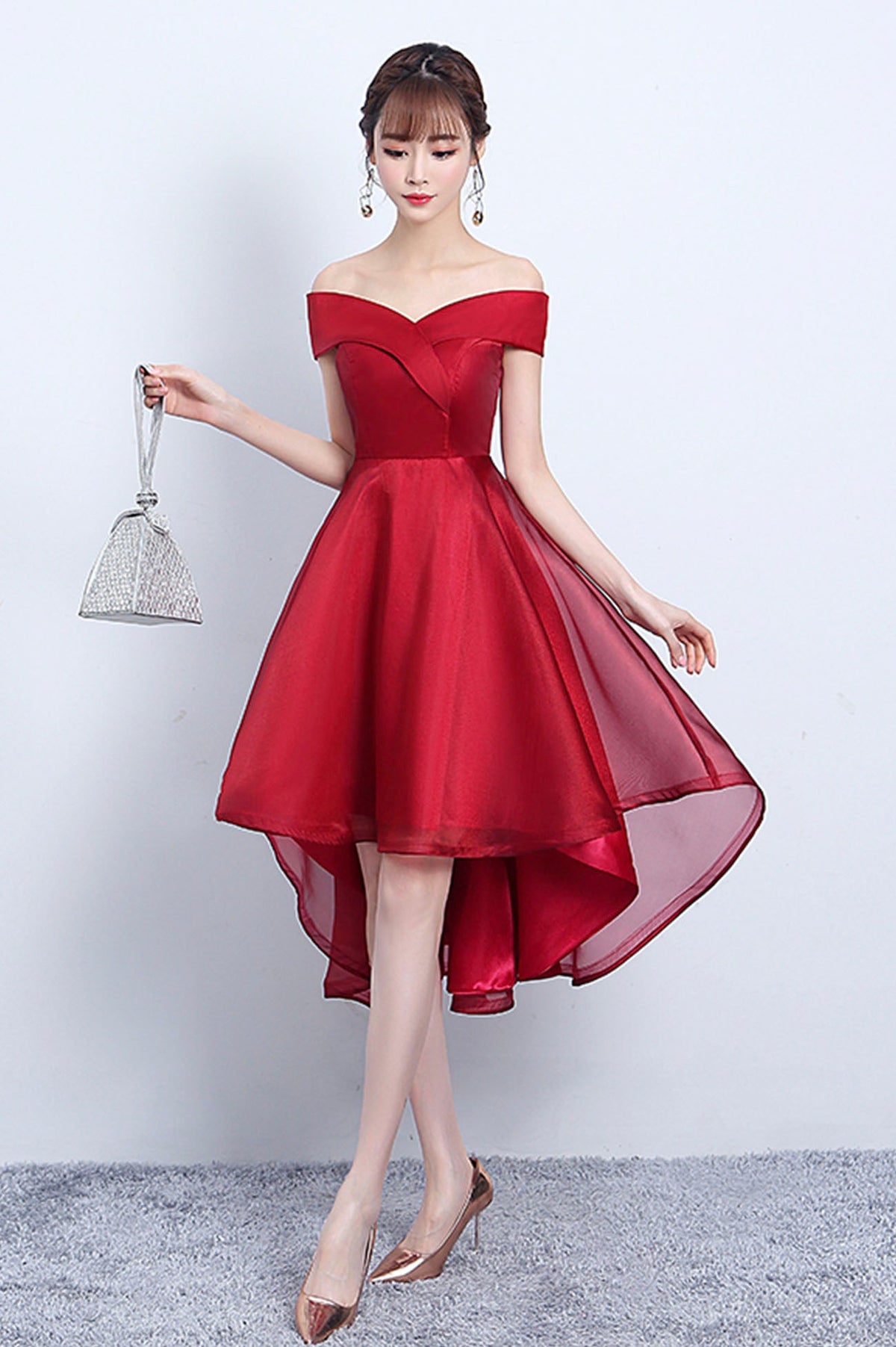 solvbao Red V-Neck Tulle High Low Prom Dress, Off the Shoulder Party Dress