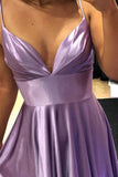 solvbao Purple V-Neck Satin Long Prom Dress, Simple A-Line Evening Dress