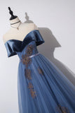 solvbao Blue Velvet Tulle Long Prom Dresses, Off the Shoulder Evening Dresses