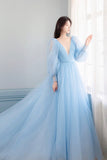 solvbao Blue V-Neck Tulle Long Prom Dress, A-Line Long Sleeve Evening Dress