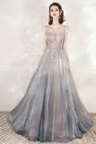 solvbao Gray Tulle Beading Long Prom Dresses, A-Line Scoop Neckline Evening Dresses