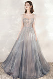 solvbao Gray Tulle Beading Long Prom Dresses, A-Line Scoop Neckline Evening Dresses