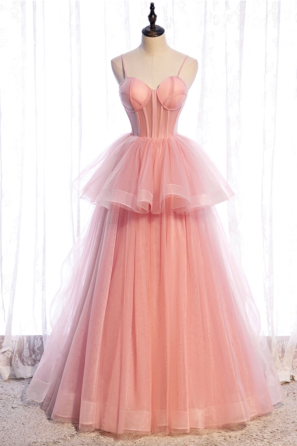 solvbao Pink Tulle Long Prom Dresses, A-Line Evening Dresses