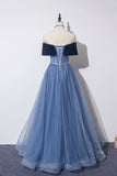 solvbao Blue Velvet Tulle Long Prom Dresses, Off the Shoulder Evening Dresses