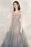 solvbao Gray Tulle Beading Long Prom Dresses, A-Line Scoop Neckline Evening Dresses