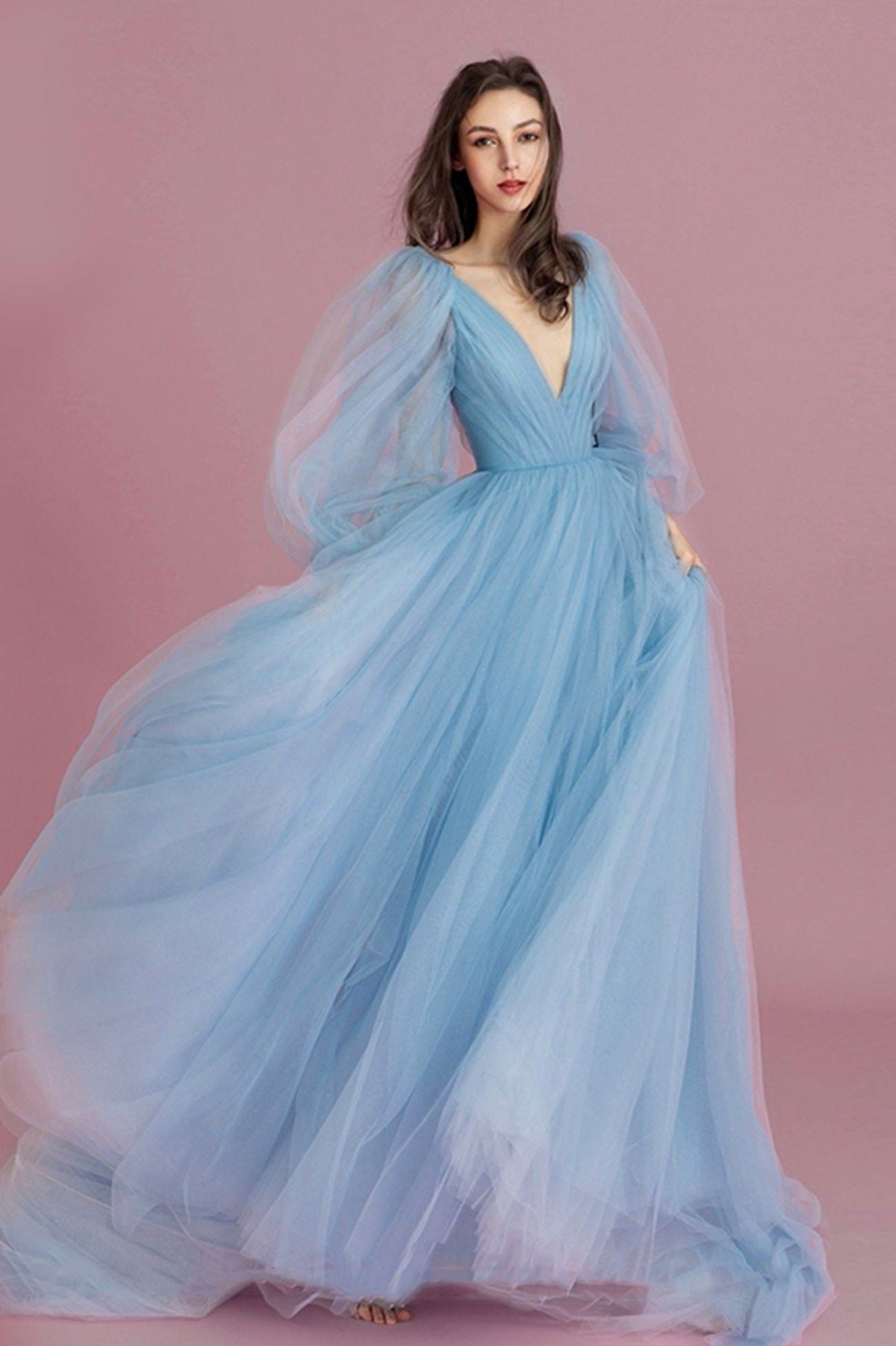 solvbao Blue V-Neck Tulle Long Prom Dress, A-Line Long Sleeve Evening Dress