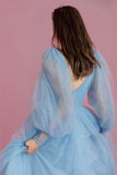 solvbao Blue V-Neck Tulle Long Prom Dress, A-Line Long Sleeve Evening Dress