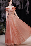 solvbao A-Line Tulle Sequins Long Prom Dresses, Off the Shoulder Evening Dresses