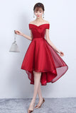 solvbao Red V-Neck Tulle High Low Prom Dress, Off the Shoulder Party Dress