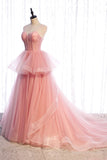 solvbao Pink Tulle Long Prom Dresses, A-Line Evening Dresses