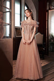 solvbao Pink Tulle Beaded Long Prom Dress, A-Line Evening Party Dress