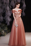 solvbao A-Line Tulle Sequins Long Prom Dresses, Off the Shoulder Evening Dresses