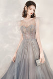 solvbao Gray Tulle Beading Long Prom Dresses, A-Line Scoop Neckline Evening Dresses