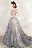 solvbao Gray Tulle Beading Long Prom Dresses, A-Line Scoop Neckline Evening Dresses