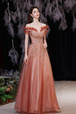 solvbao A-Line Tulle Sequins Long Prom Dresses, Off the Shoulder Evening Dresses