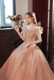 solvbao Pink Tulle Beaded Long Prom Dress, A-Line Evening Party Dress