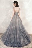 solvbao Gray Tulle Beading Long Prom Dresses, A-Line Scoop Neckline Evening Dresses