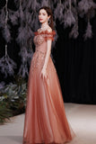 solvbao A-Line Tulle Sequins Long Prom Dresses, Off the Shoulder Evening Dresses