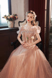 solvbao Pink Tulle Beaded Long Prom Dress, A-Line Evening Party Dress